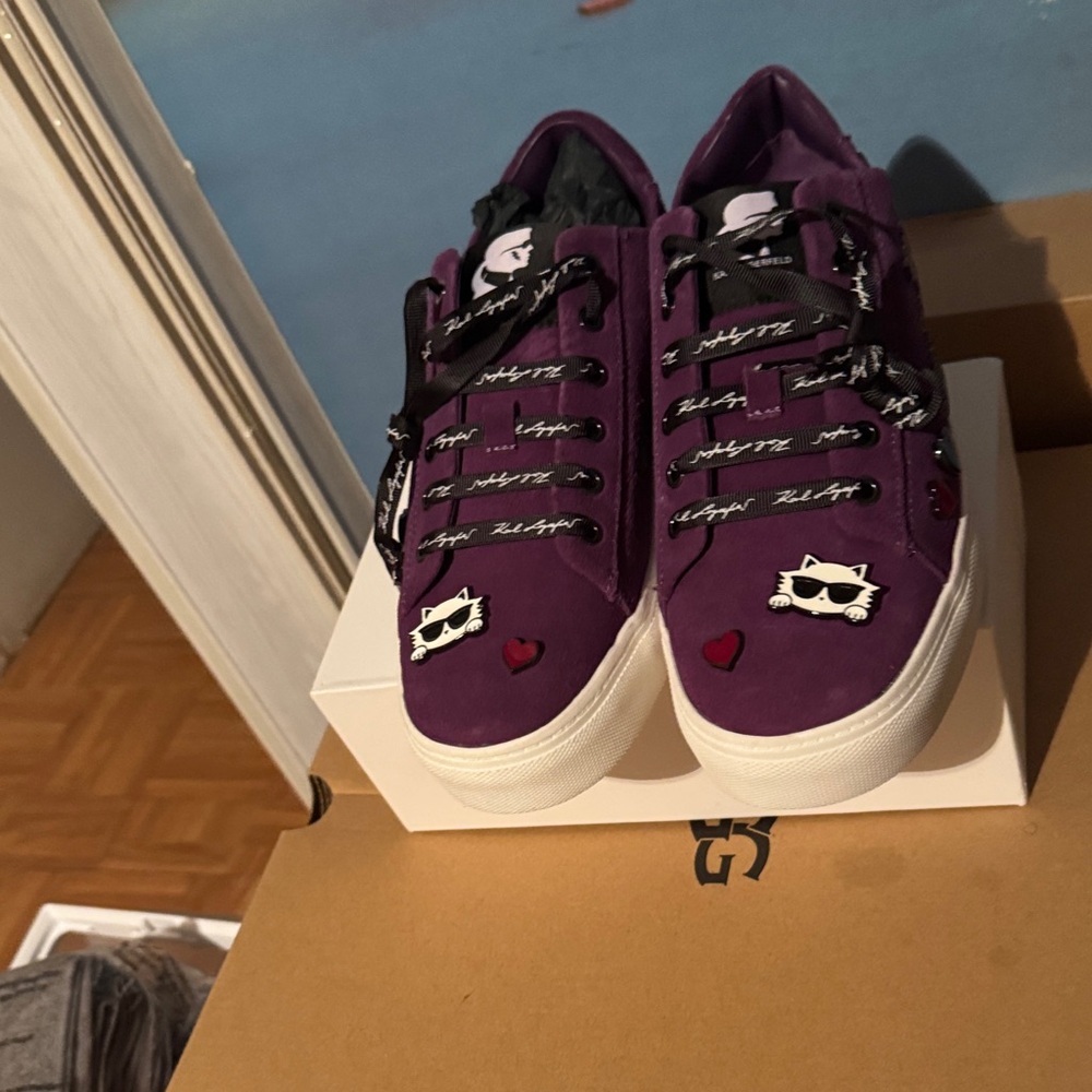 Purple Sneakers with Cat and Heart Design